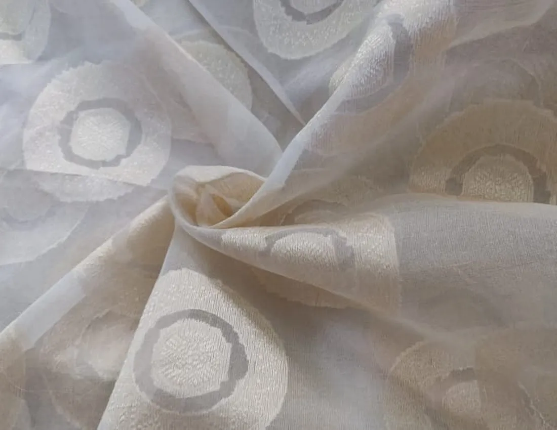 100% silk organza jacquard fabric ivory with white gold geometric circles 54" wide [11006]