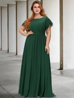 A-Line Plus Size Curve Mother of the Bride Dresses Elegant Dress Formal Floor Length Short Sleeve Jewel Neck Chiffon with Pleats