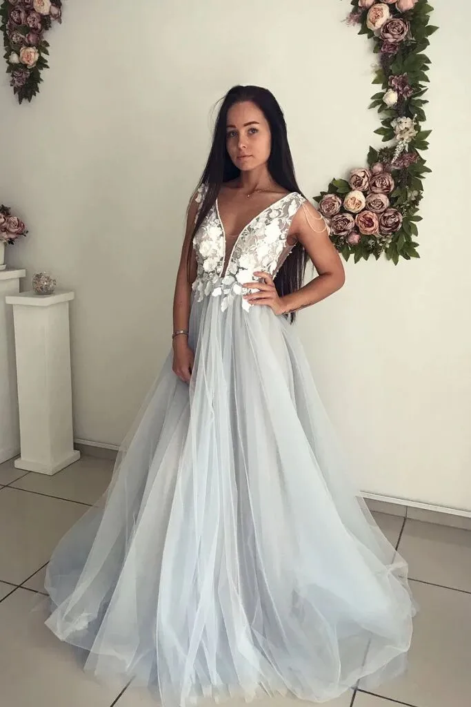 A Line V Neck Tulle Long Appliques Prom Dress, Evening Gown PFP1572