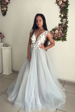 A Line V Neck Tulle Long Appliques Prom Dress, Evening Gown PFP1572