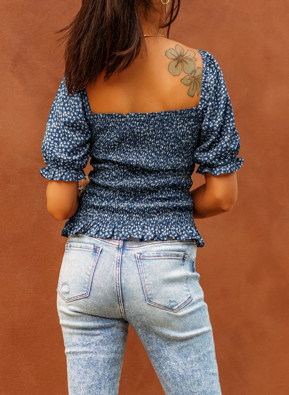 Apricot Pattern Blouses for Women Puff Long Sleeve Square Neck Tops Off The Shoulder Floral - EVALESS