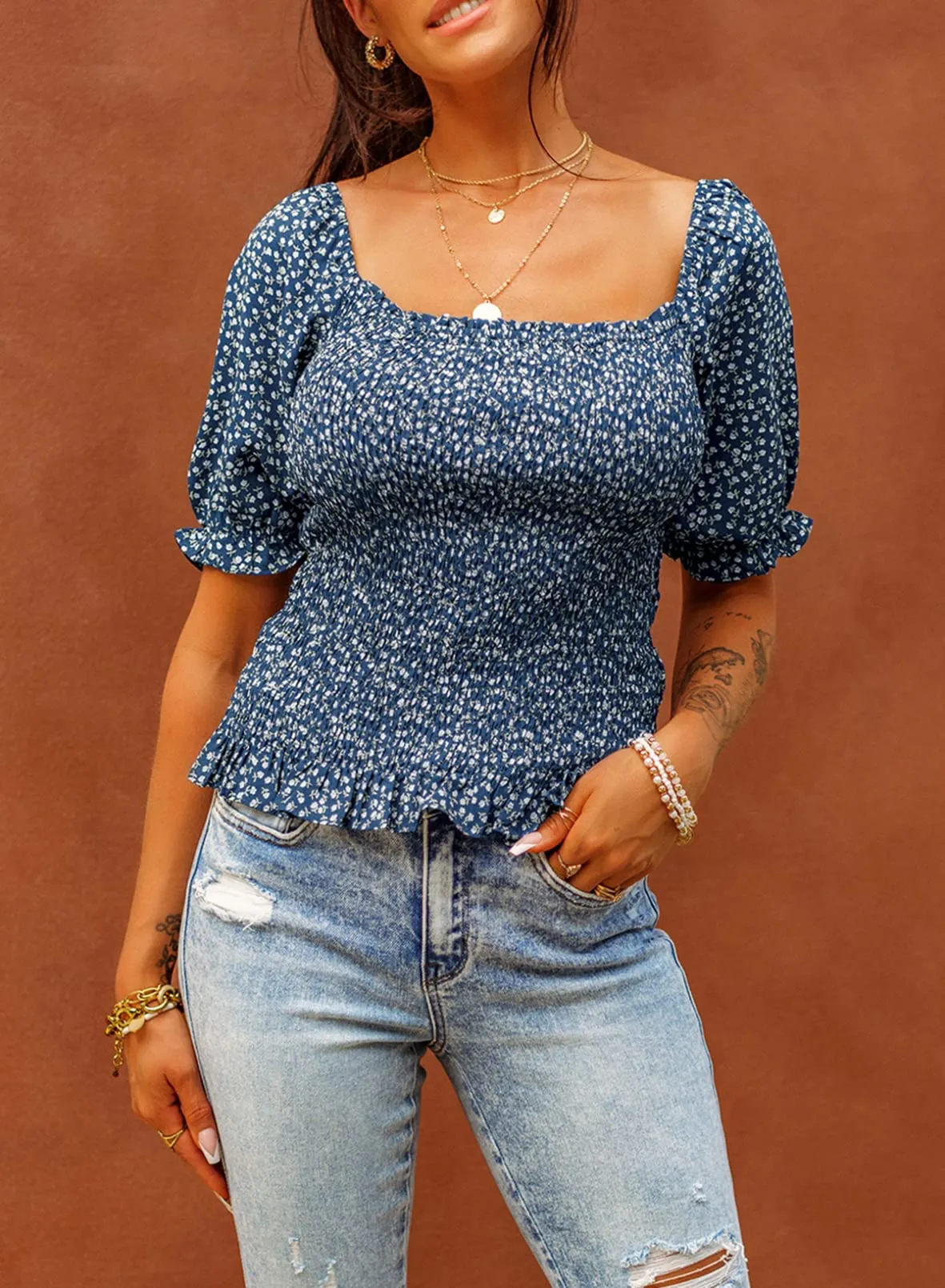 Apricot Pattern Blouses for Women Puff Long Sleeve Square Neck Tops Off The Shoulder Floral - EVALESS