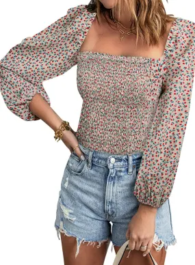 Apricot Pattern Blouses for Women Puff Long Sleeve Square Neck Tops Off The Shoulder Floral - EVALESS