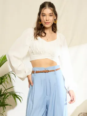 Berrylush Women Solid White Sweetheart Neck Bishop Sleeves Back Tie-Up Pleated Crop Top