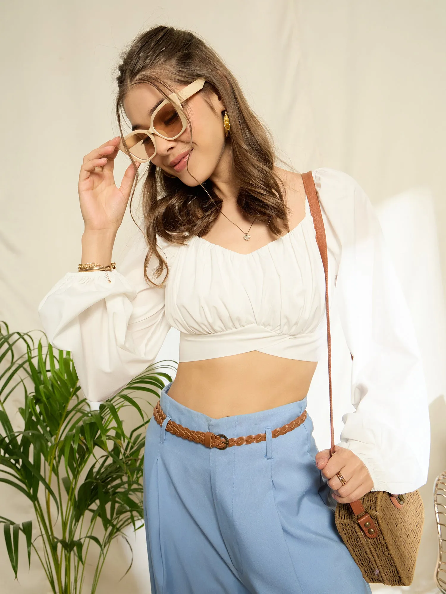 Berrylush Women Solid White Sweetheart Neck Bishop Sleeves Back Tie-Up Pleated Crop Top