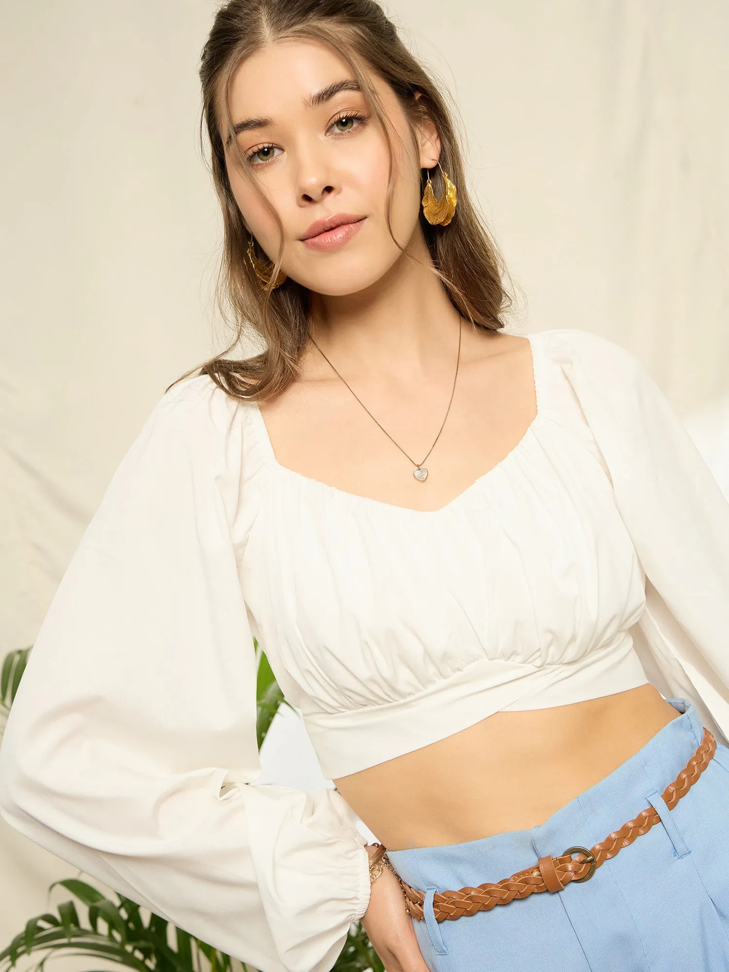 Berrylush Women Solid White Sweetheart Neck Bishop Sleeves Back Tie-Up Pleated Crop Top