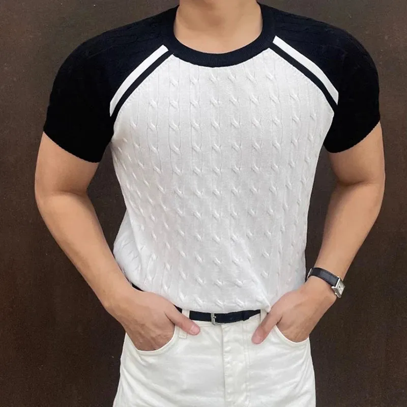 CHICMY-Men's Outfits Summer Men's Clothing Light Luxury Knit O Neck Short-sleeved T Shirt Patchwork Leisure Korean Popular Streetwear Retro Knitwear