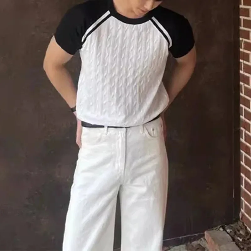 CHICMY-Men's Outfits Summer Men's Clothing Light Luxury Knit O Neck Short-sleeved T Shirt Patchwork Leisure Korean Popular Streetwear Retro Knitwear