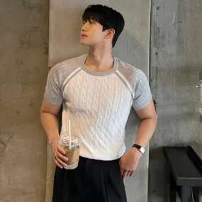 CHICMY-Men's Outfits Summer Men's Clothing Light Luxury Knit O Neck Short-sleeved T Shirt Patchwork Leisure Korean Popular Streetwear Retro Knitwear