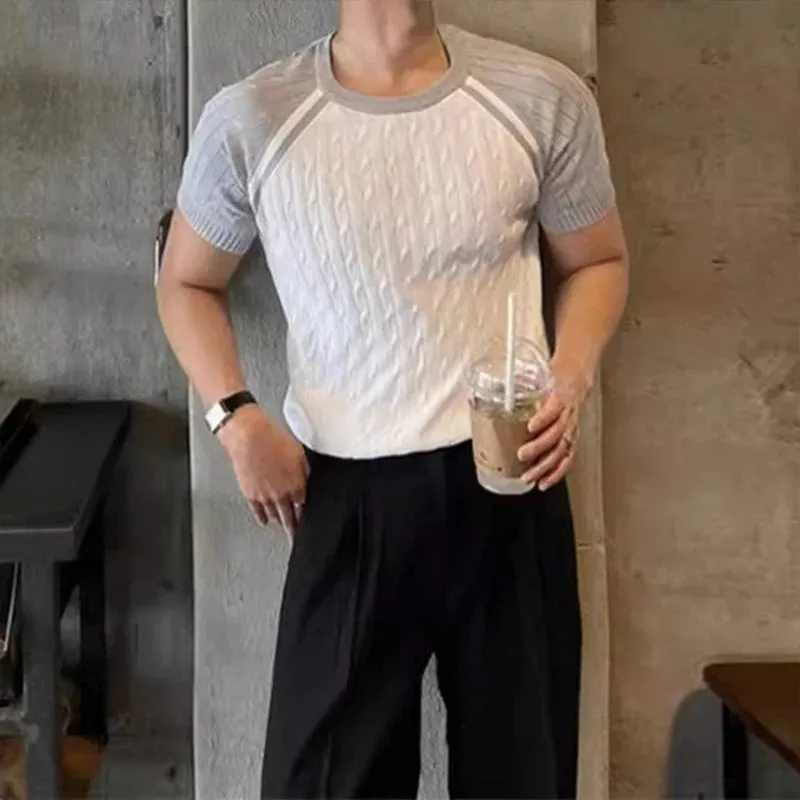 CHICMY-Men's Outfits Summer Men's Clothing Light Luxury Knit O Neck Short-sleeved T Shirt Patchwork Leisure Korean Popular Streetwear Retro Knitwear