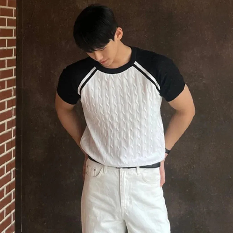 CHICMY-Men's Outfits Summer Men's Clothing Light Luxury Knit O Neck Short-sleeved T Shirt Patchwork Leisure Korean Popular Streetwear Retro Knitwear