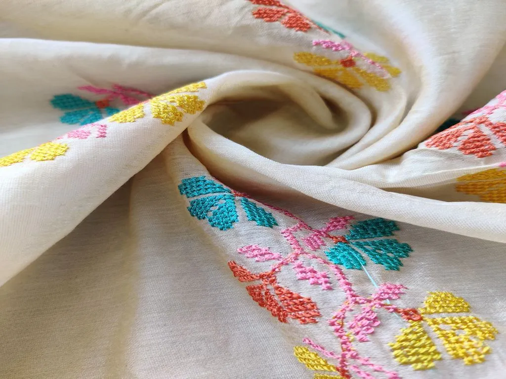 Cream Multicolour Flowers Cross Stitch Embroidered Chanderi Fabric