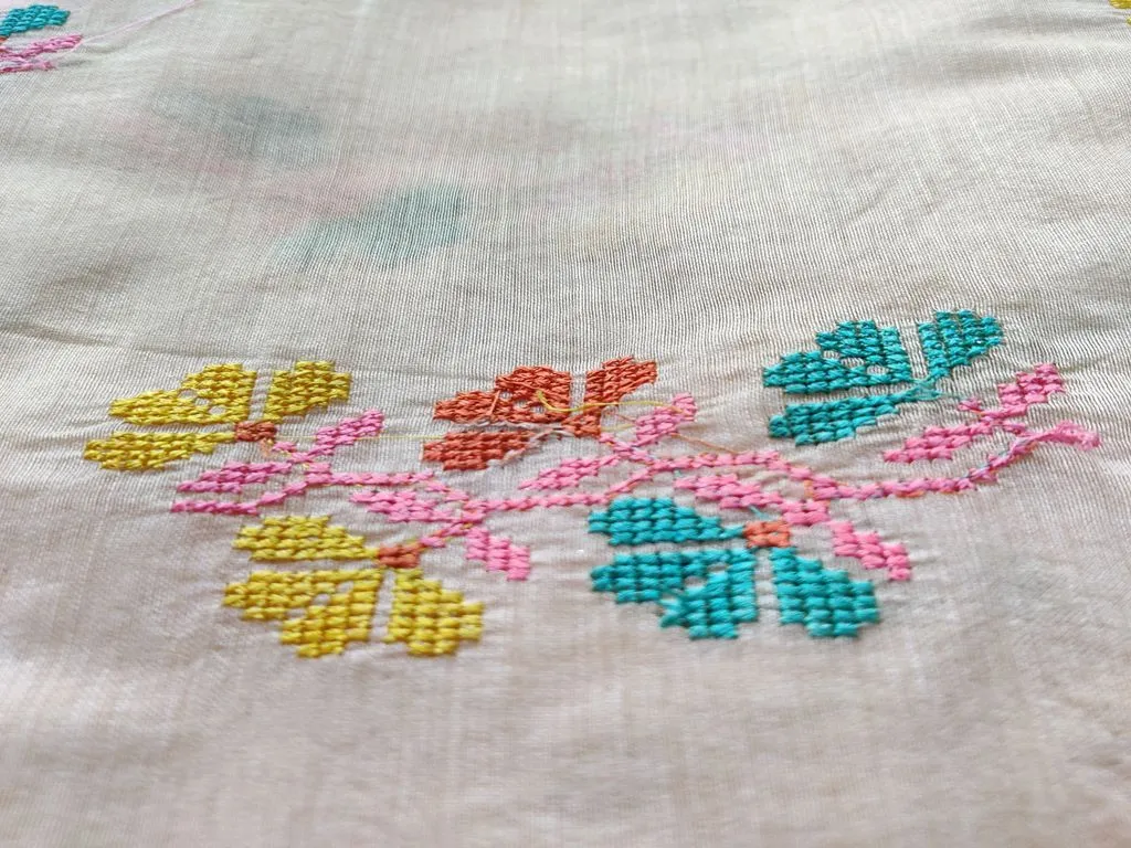 Cream Multicolour Flowers Cross Stitch Embroidered Chanderi Fabric