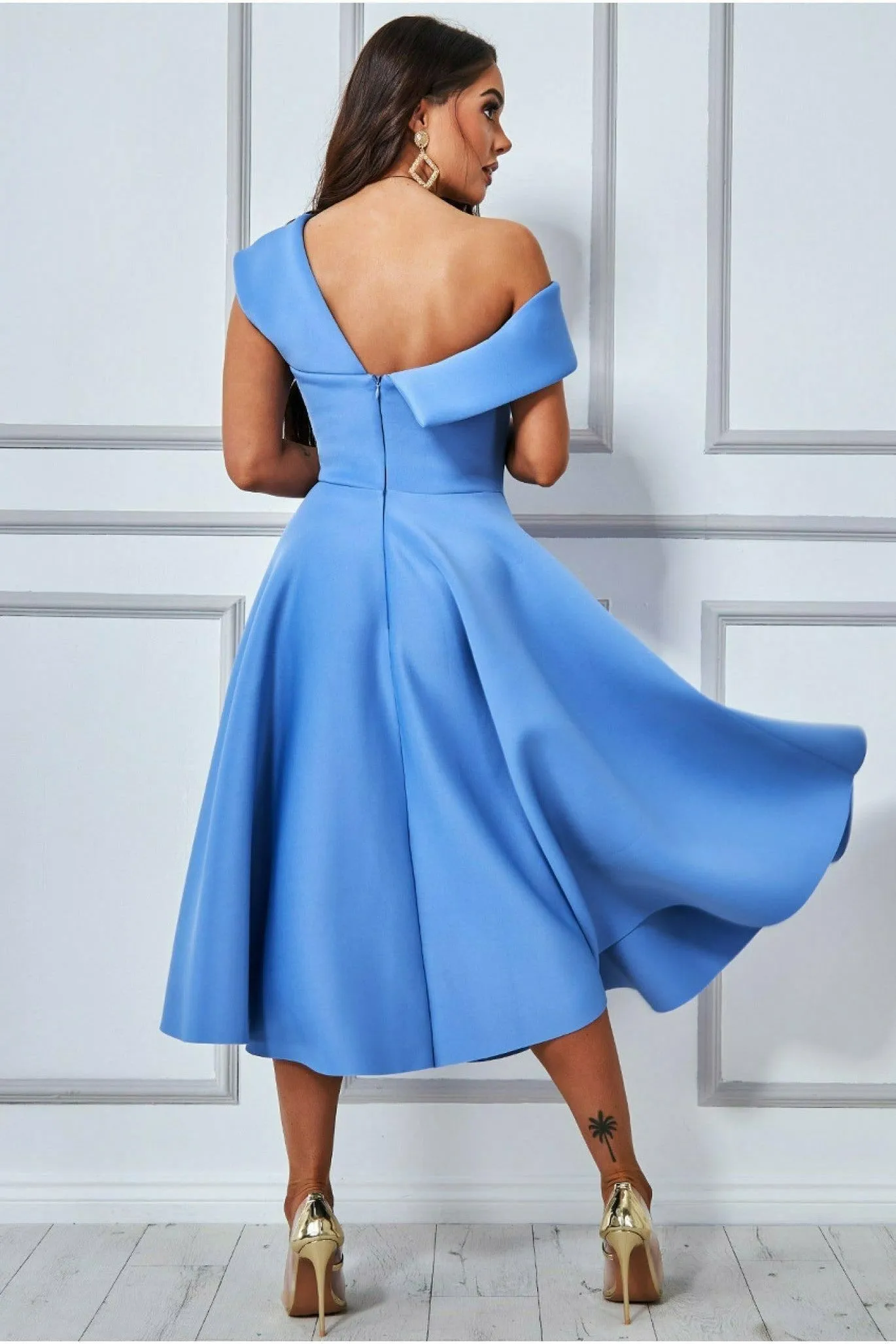 Goddiva Scuba Foam One Shoulder Midi Dress - Dusty Blue