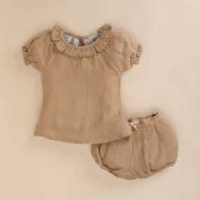 Latte Organic Muslin Frill Top With Bloomers
