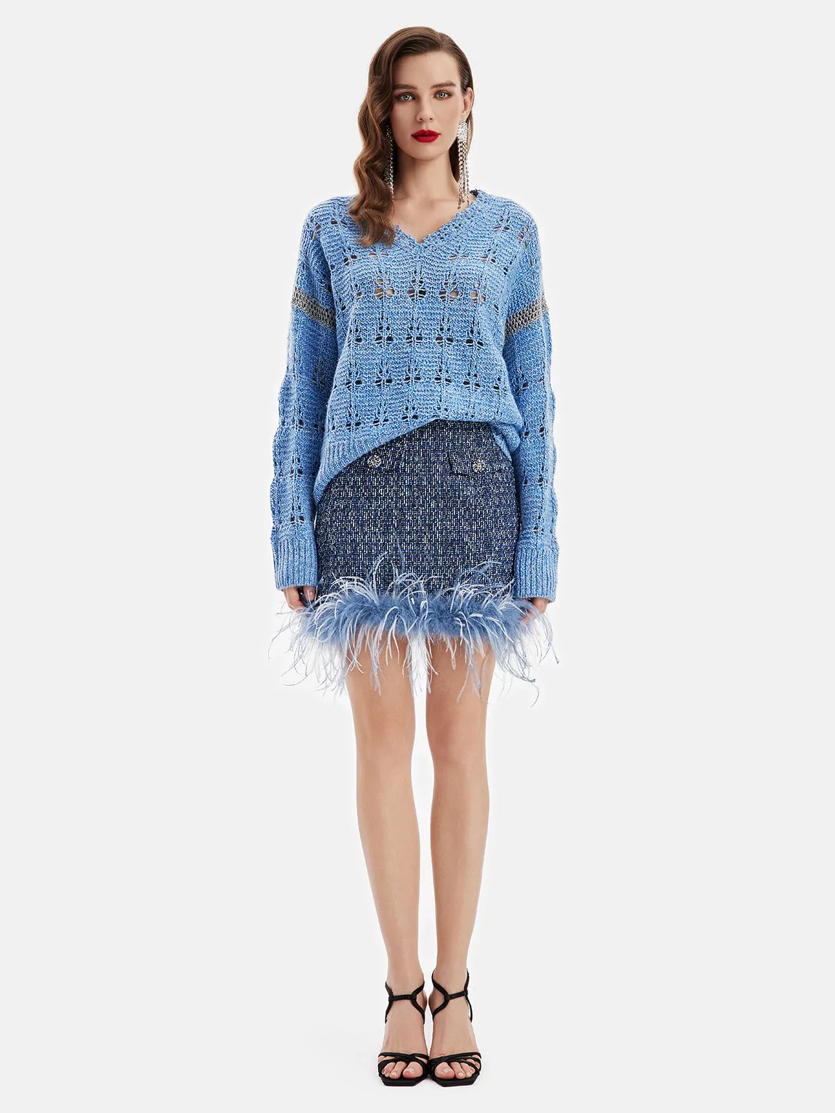 Luxe Detachable Feathers Wool-Blend  Skirt