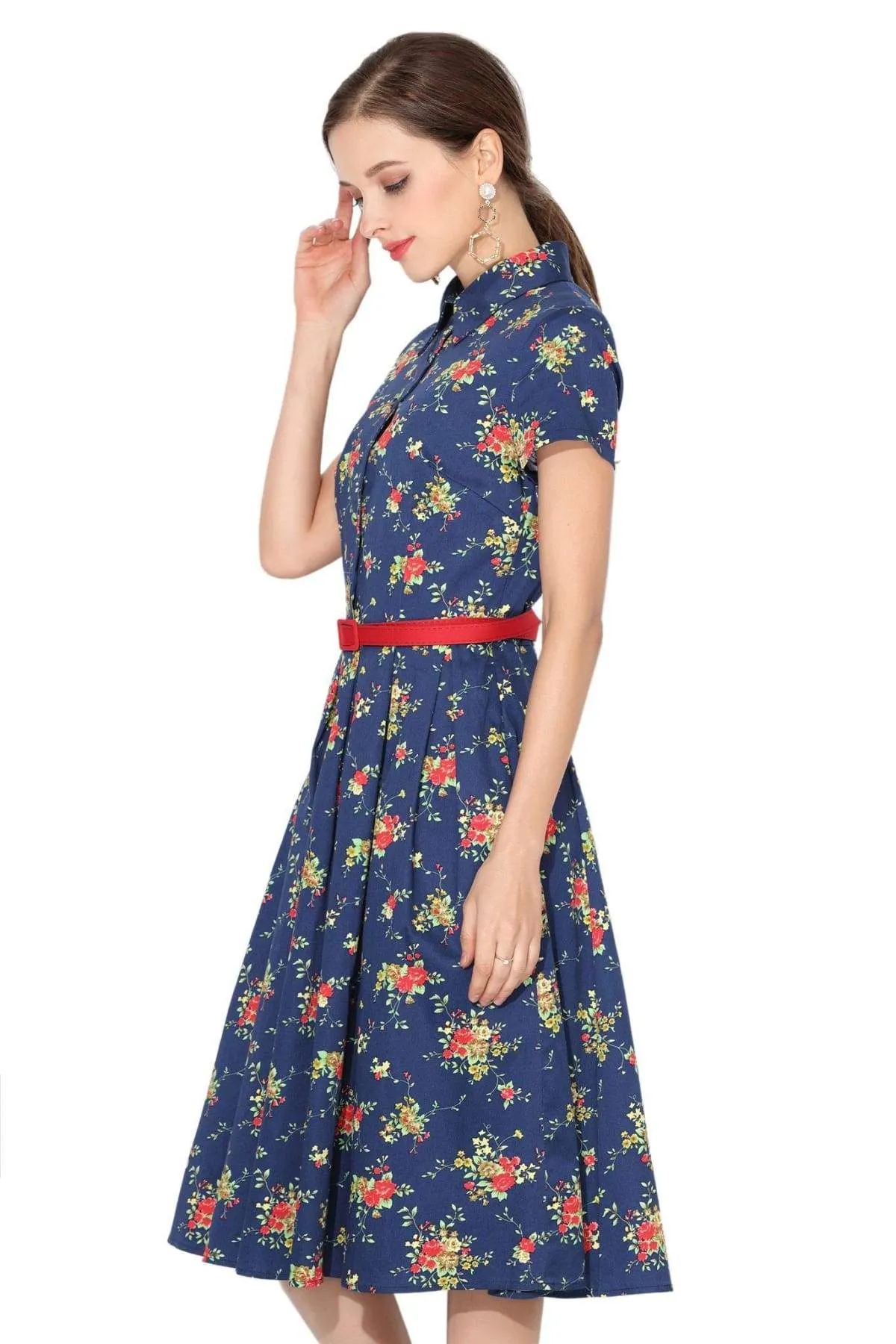 Navy & Flowers Collared Cotton Vintage Dress