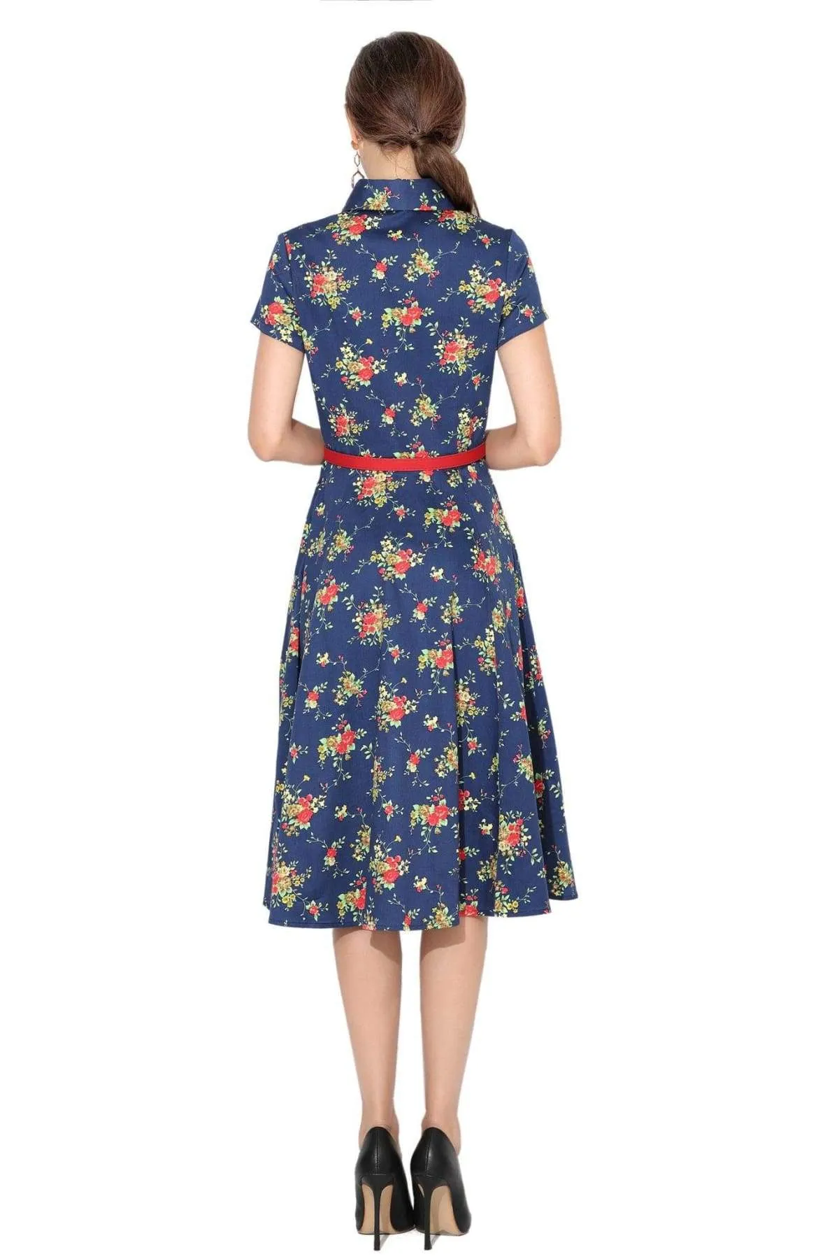 Navy & Flowers Collared Cotton Vintage Dress
