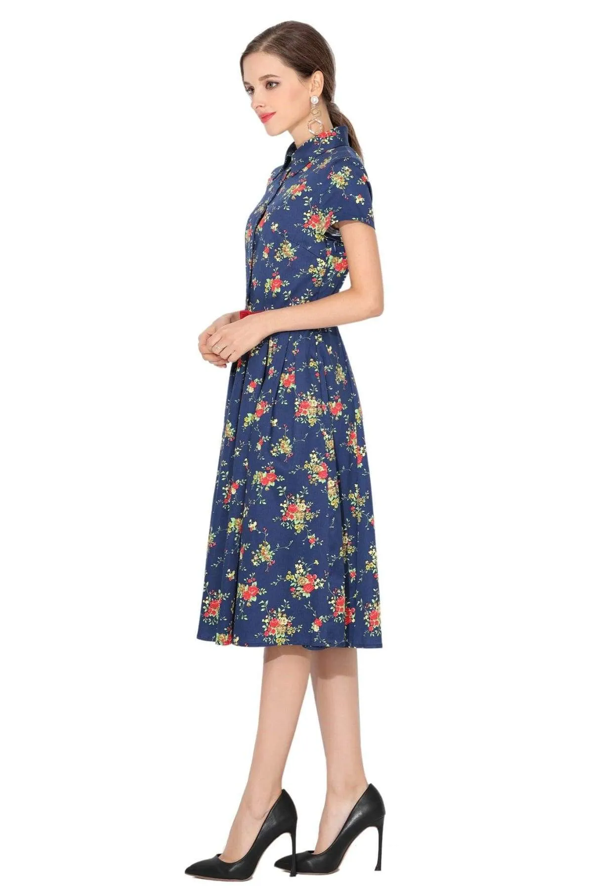 Navy & Flowers Collared Cotton Vintage Dress