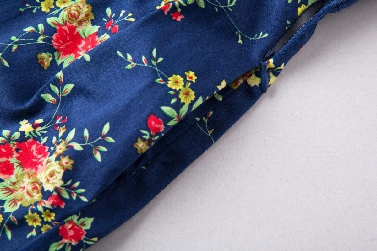 Navy & Flowers Collared Cotton Vintage Dress