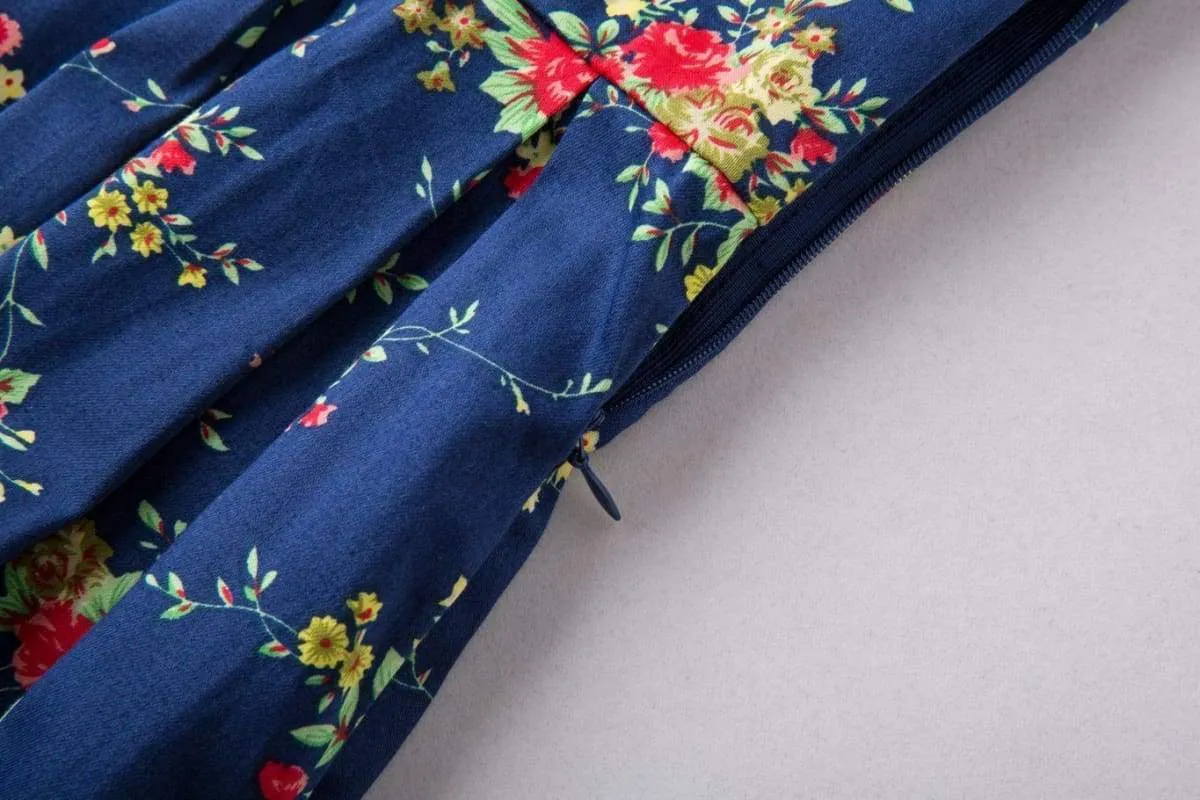 Navy & Flowers Collared Cotton Vintage Dress