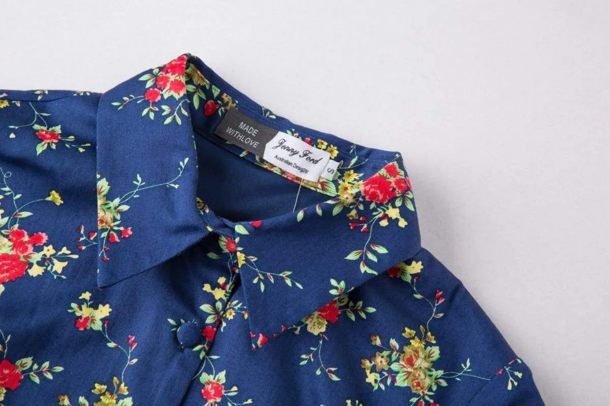 Navy & Flowers Collared Cotton Vintage Dress