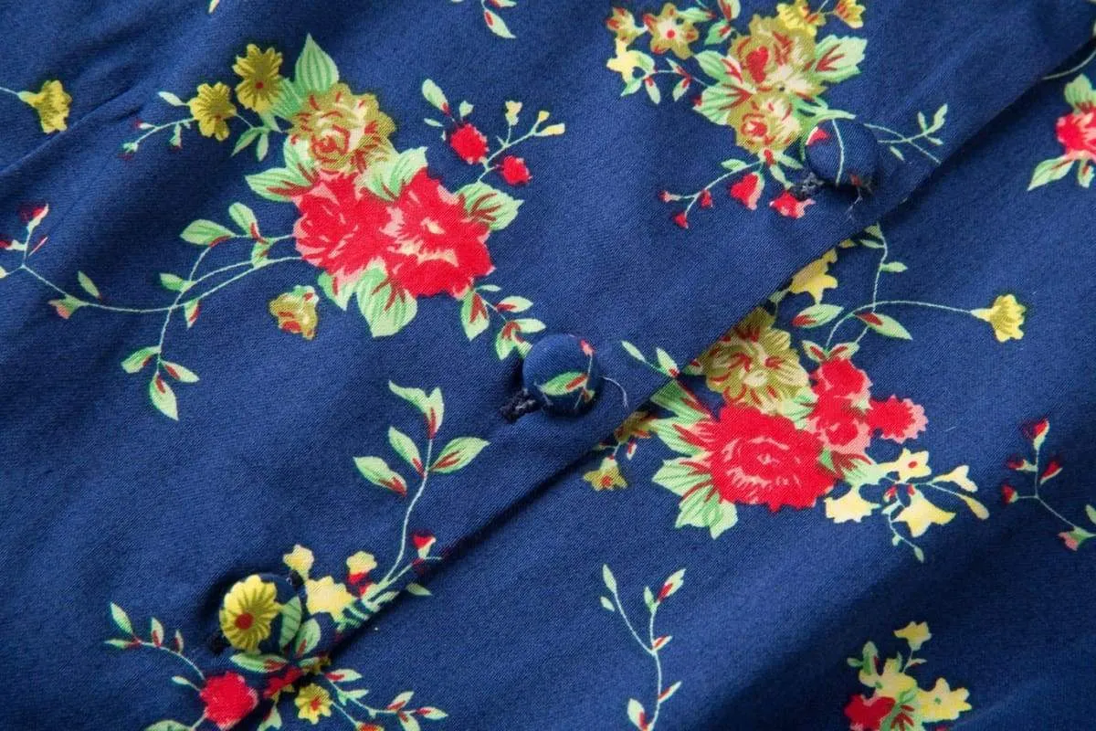 Navy & Flowers Collared Cotton Vintage Dress