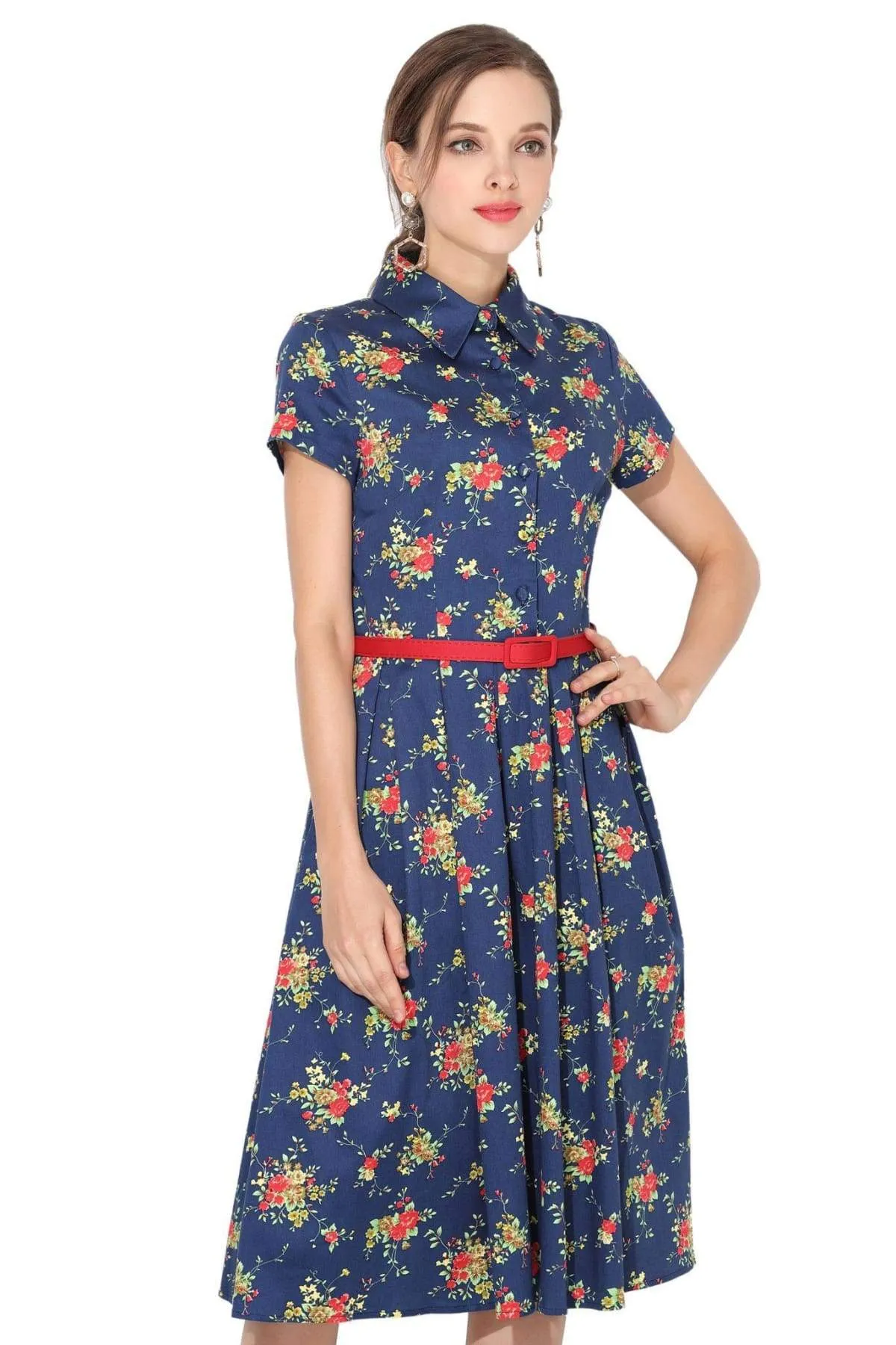 Navy & Flowers Collared Cotton Vintage Dress