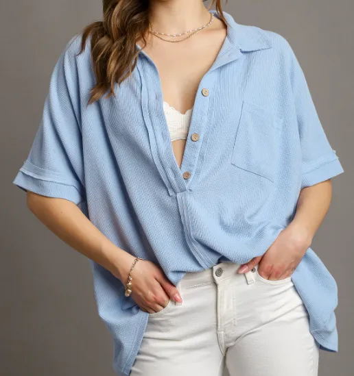  Oversized Boxy Cut Waffle Knit Button Down Collared Top with Chest Pocket - Light Blue