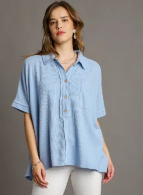  Oversized Boxy Cut Waffle Knit Button Down Collared Top with Chest Pocket - Light Blue