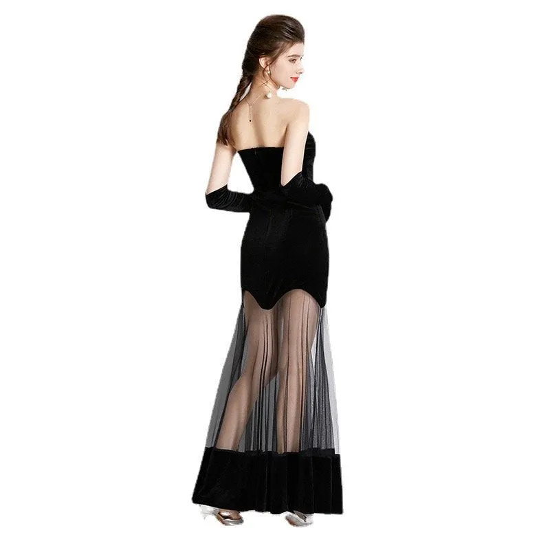 Pankh Alessandra Cat Walk Velvet Mesh Net Dress With Hand Gloves