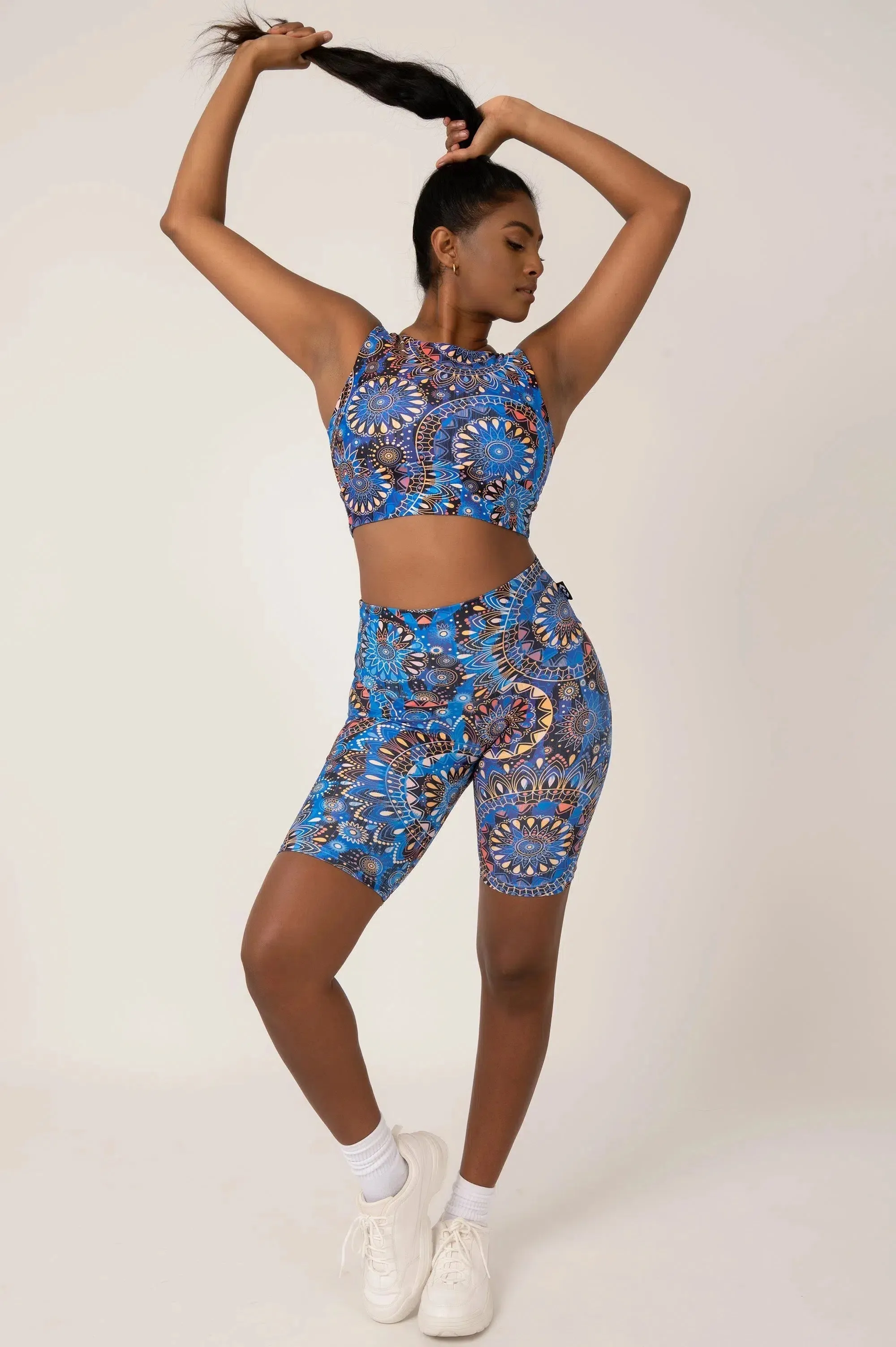 Performance High Waisted Long Shorts - Sundial Me Up Blue