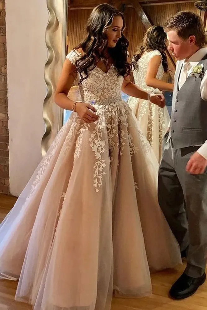 Promfast Charming A-Line V Neck Long Prom Dresses with White Appliques,Formal Party Dresses PFP1897