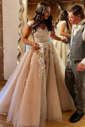 Promfast Charming A-Line V Neck Long Prom Dresses with White Appliques,Formal Party Dresses PFP1897