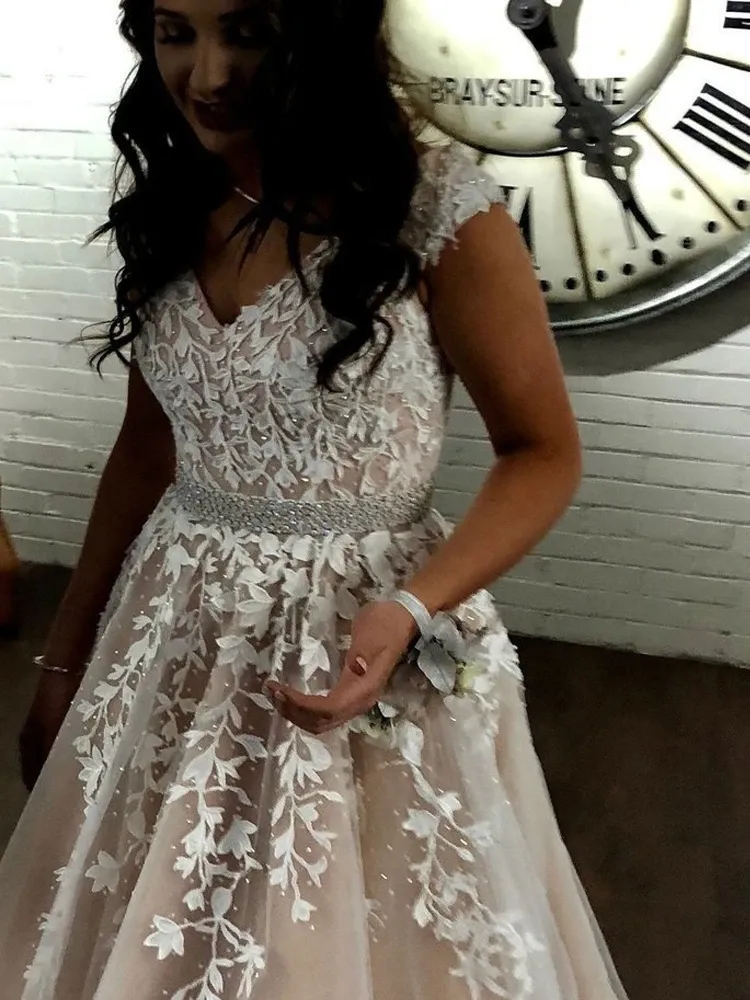 Promfast Charming A-Line V Neck Long Prom Dresses with White Appliques,Formal Party Dresses PFP1897