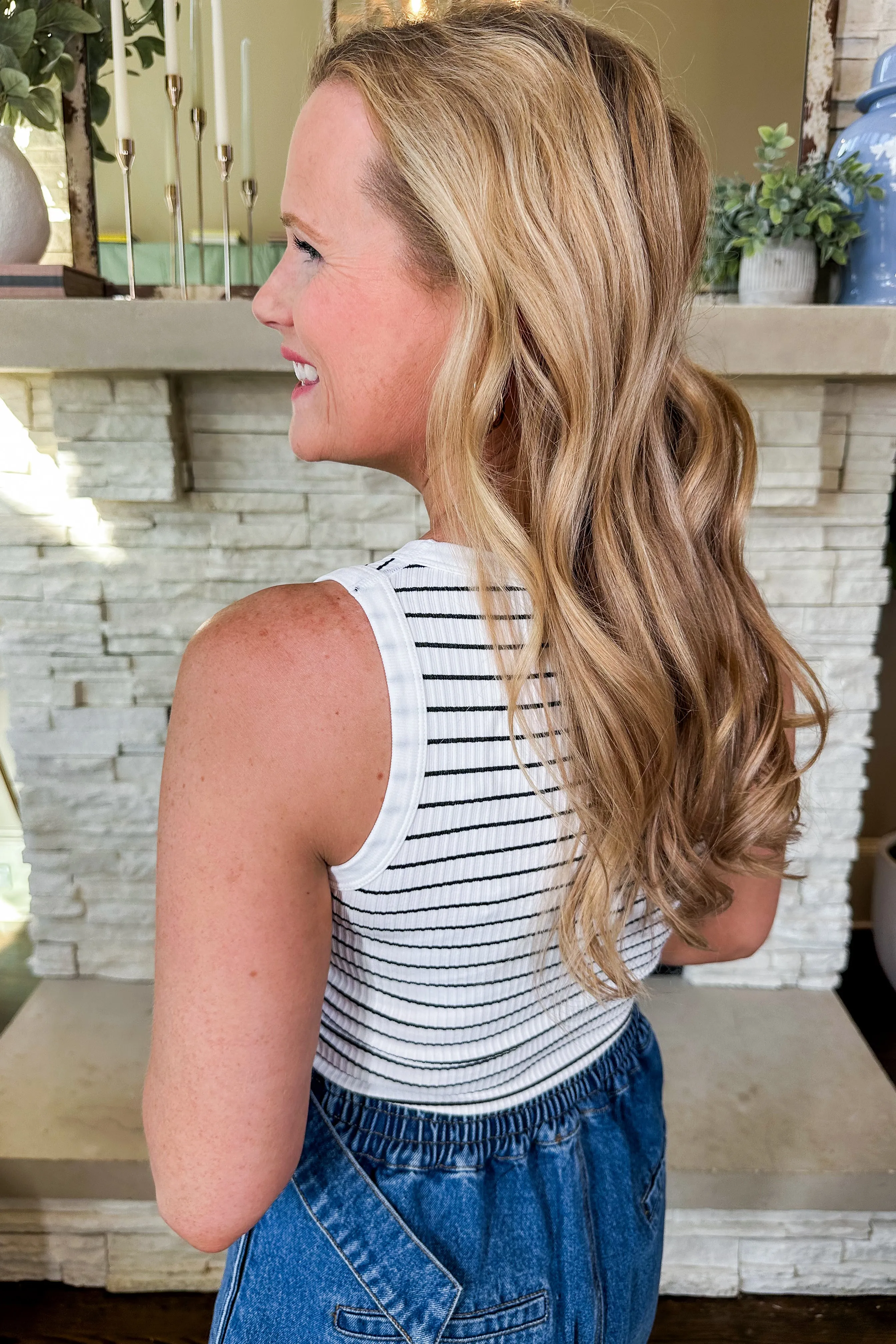 Ribbed Striped Cropped Layering Tank Top in White