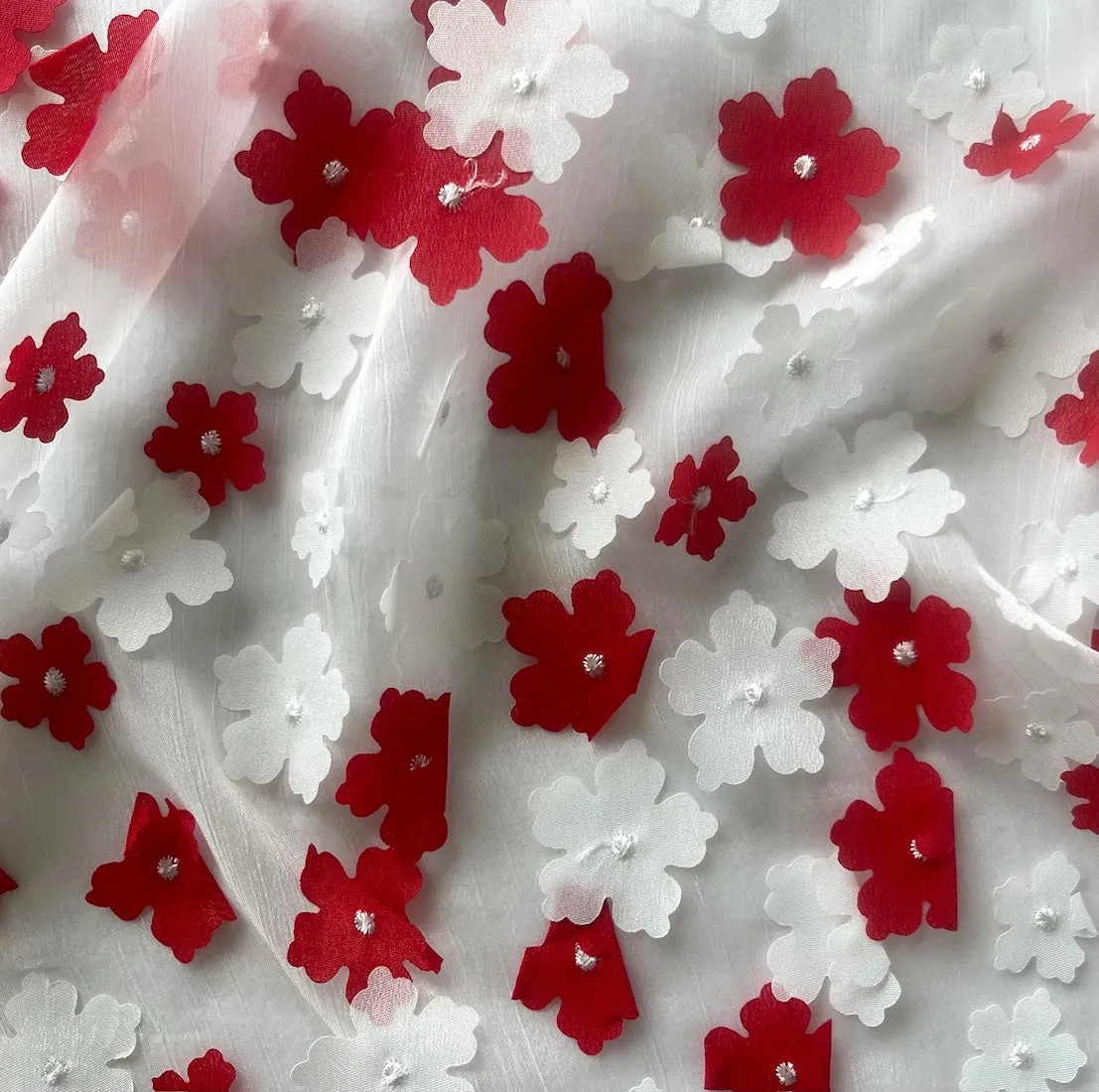Semi-Sheer Three-Dimensional Flowers Crinkled Polyester Chiffon