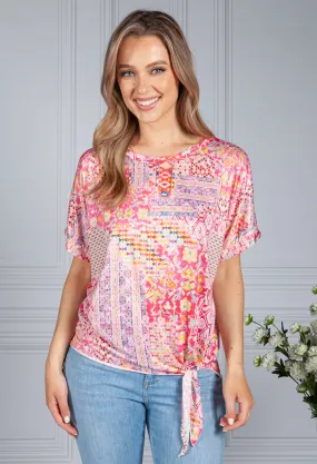Silk Feel Kaleidoscope Print Top in Pink