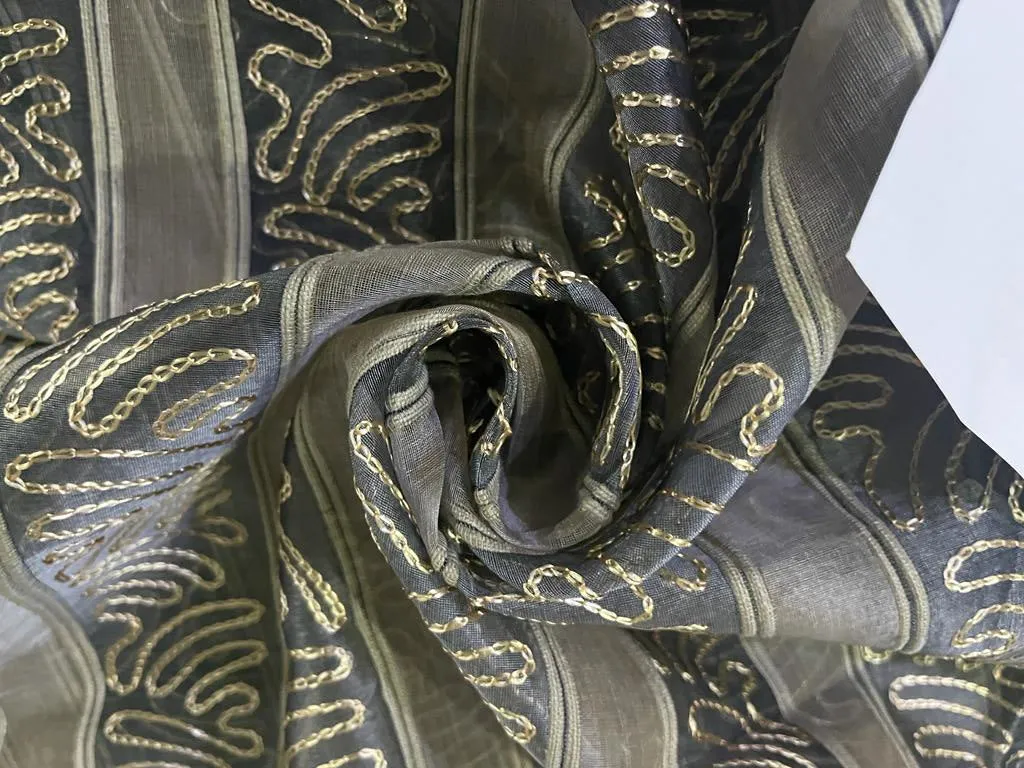 SILK ORGANZA FABRIC stripes with embroidery available in 2 colors gold and slate blue [3200/3201]