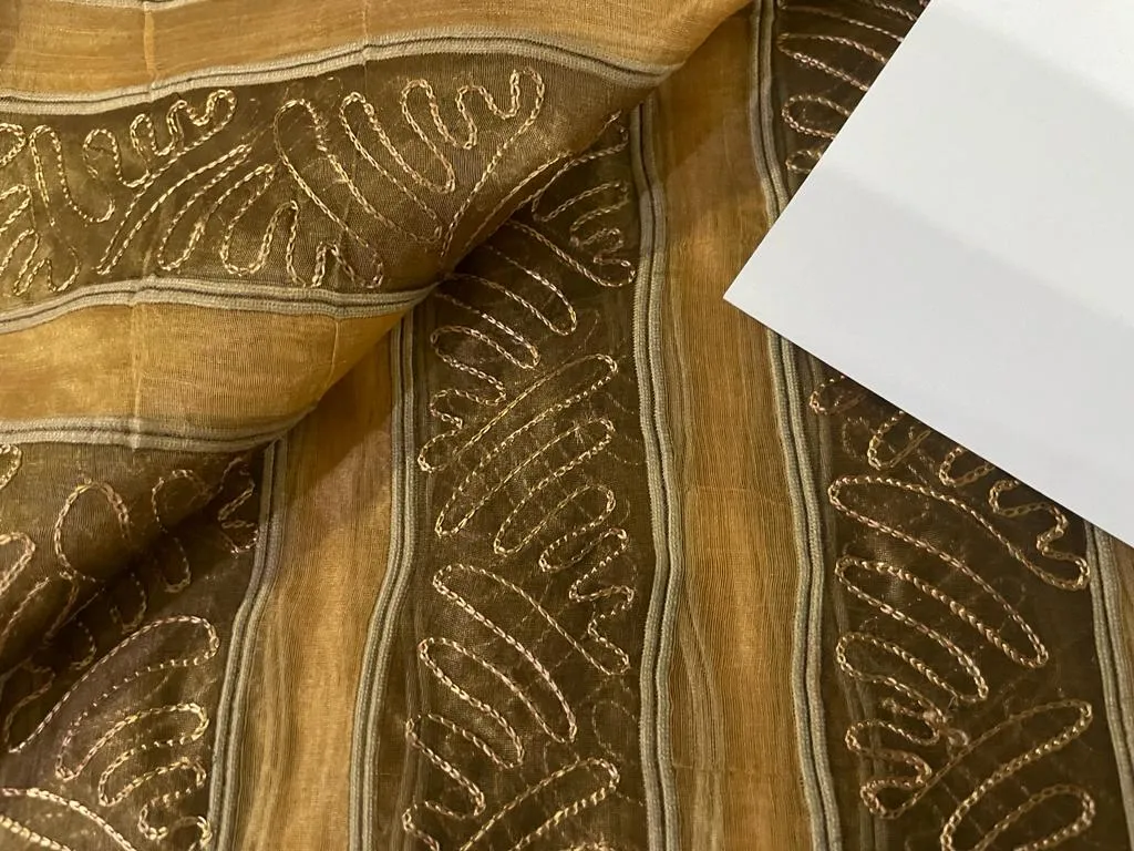 SILK ORGANZA FABRIC stripes with embroidery available in 2 colors gold and slate blue [3200/3201]