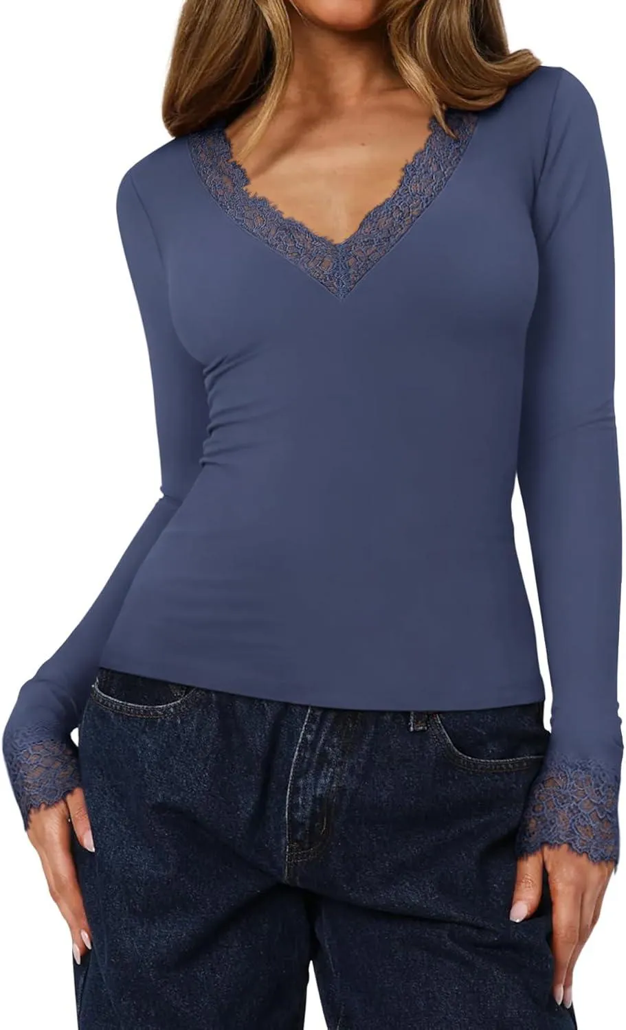 Silken Grace Lace V-Neck Long Sleeve Top