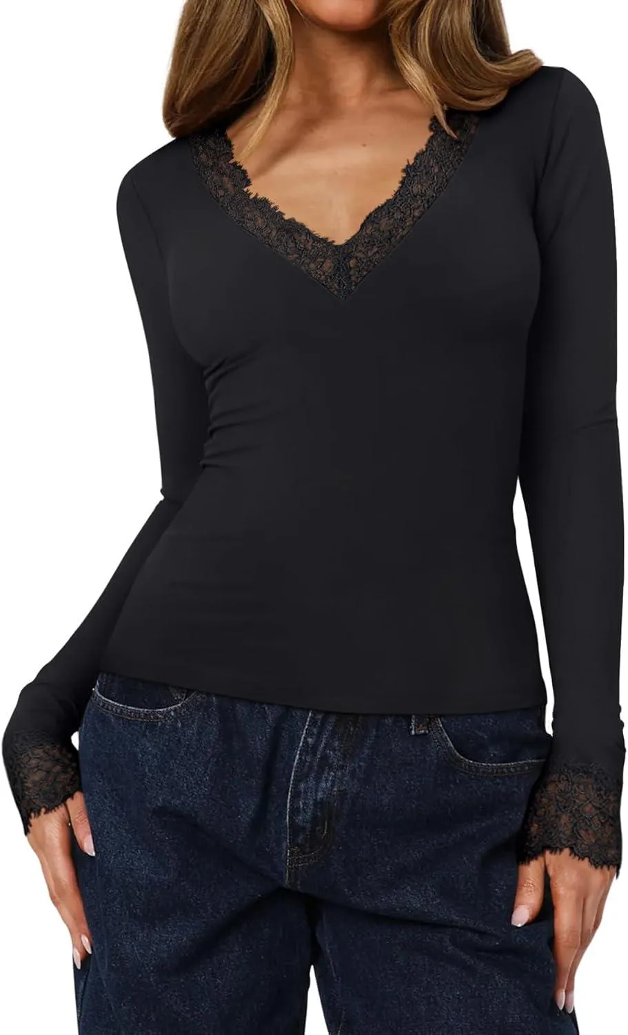 Silken Grace Lace V-Neck Long Sleeve Top