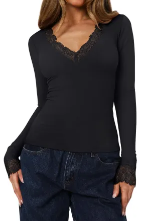 Silken Grace Lace V-Neck Long Sleeve Top