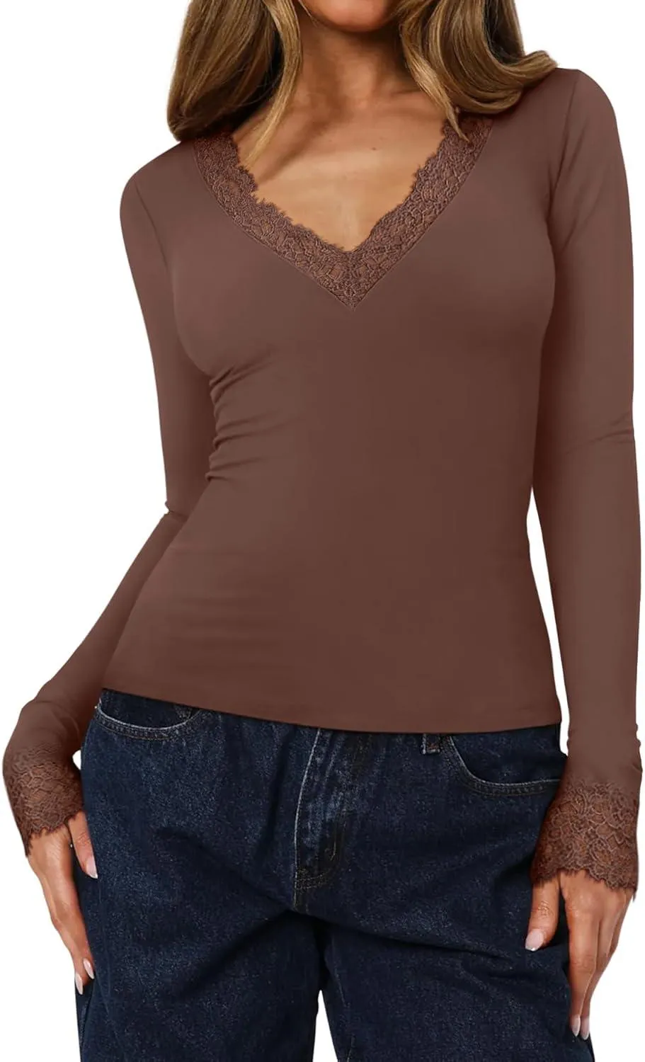 Silken Grace Lace V-Neck Long Sleeve Top