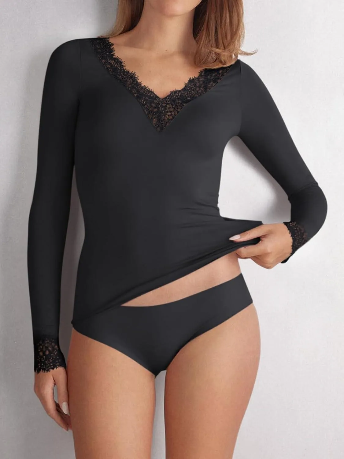 Silken Grace Lace V-Neck Long Sleeve Top