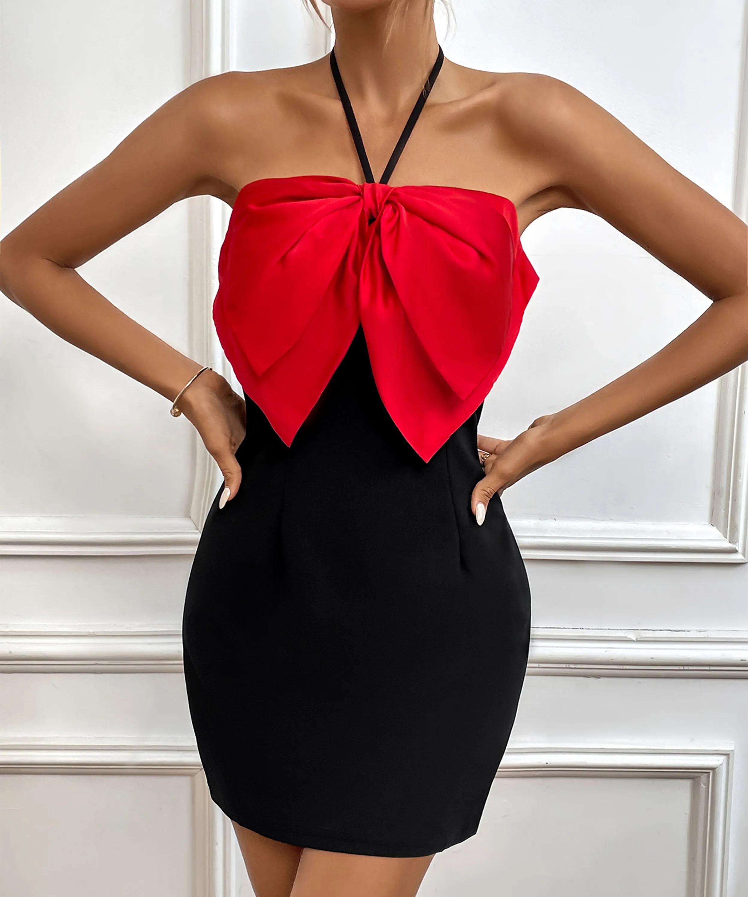 Summer Contrast Color Women Clothing Halter Spaghetti Straps Bow Cocktail Evening Dress