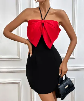 Summer Contrast Color Women Clothing Halter Spaghetti Straps Bow Cocktail Evening Dress