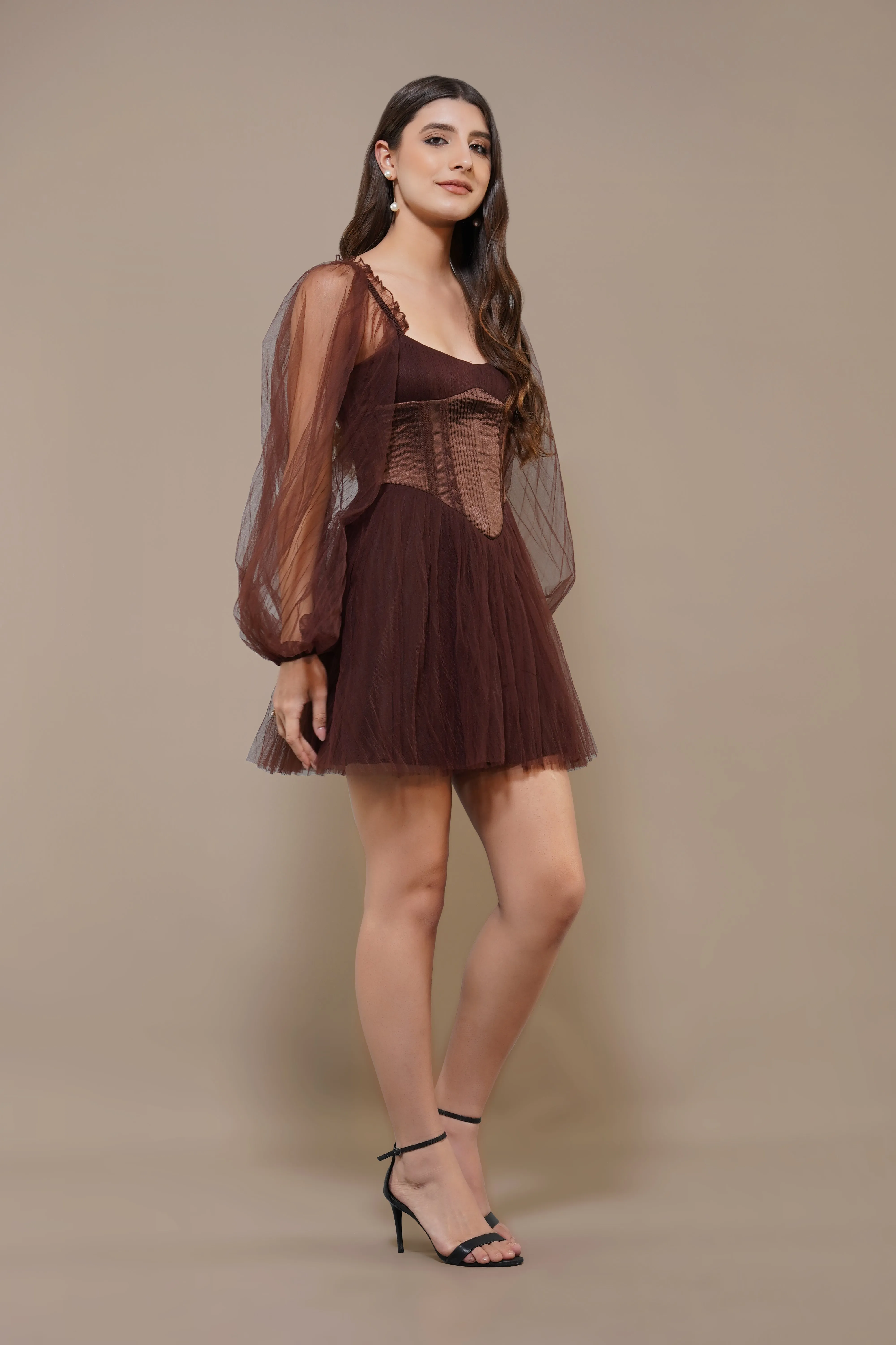 Tara Mini Dress in Coffee Brown