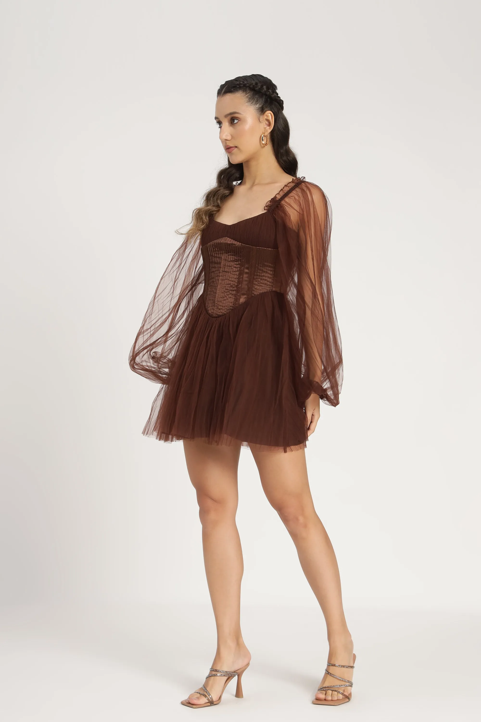 Tara Mini Dress in Coffee Brown