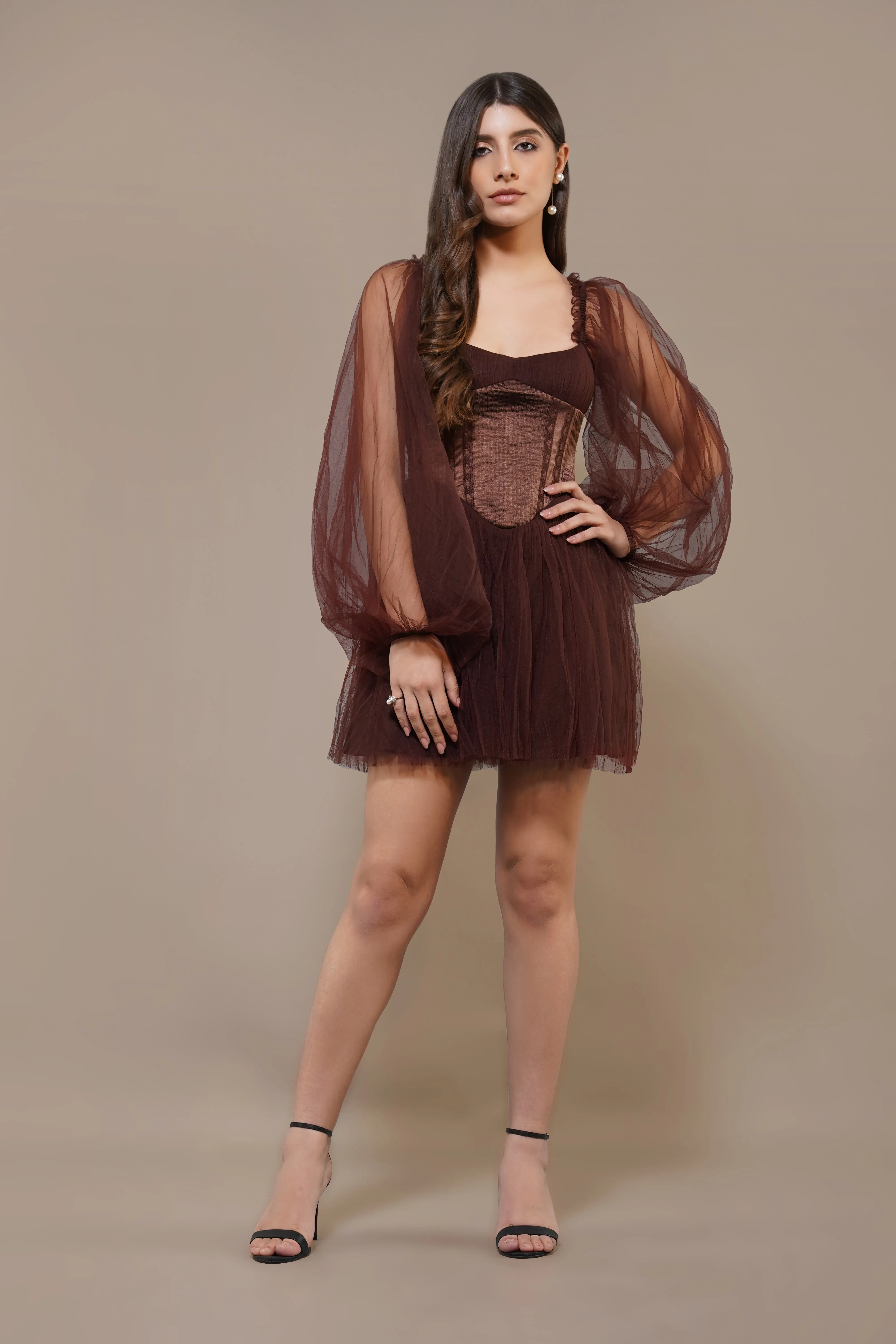 Tara Mini Dress in Coffee Brown